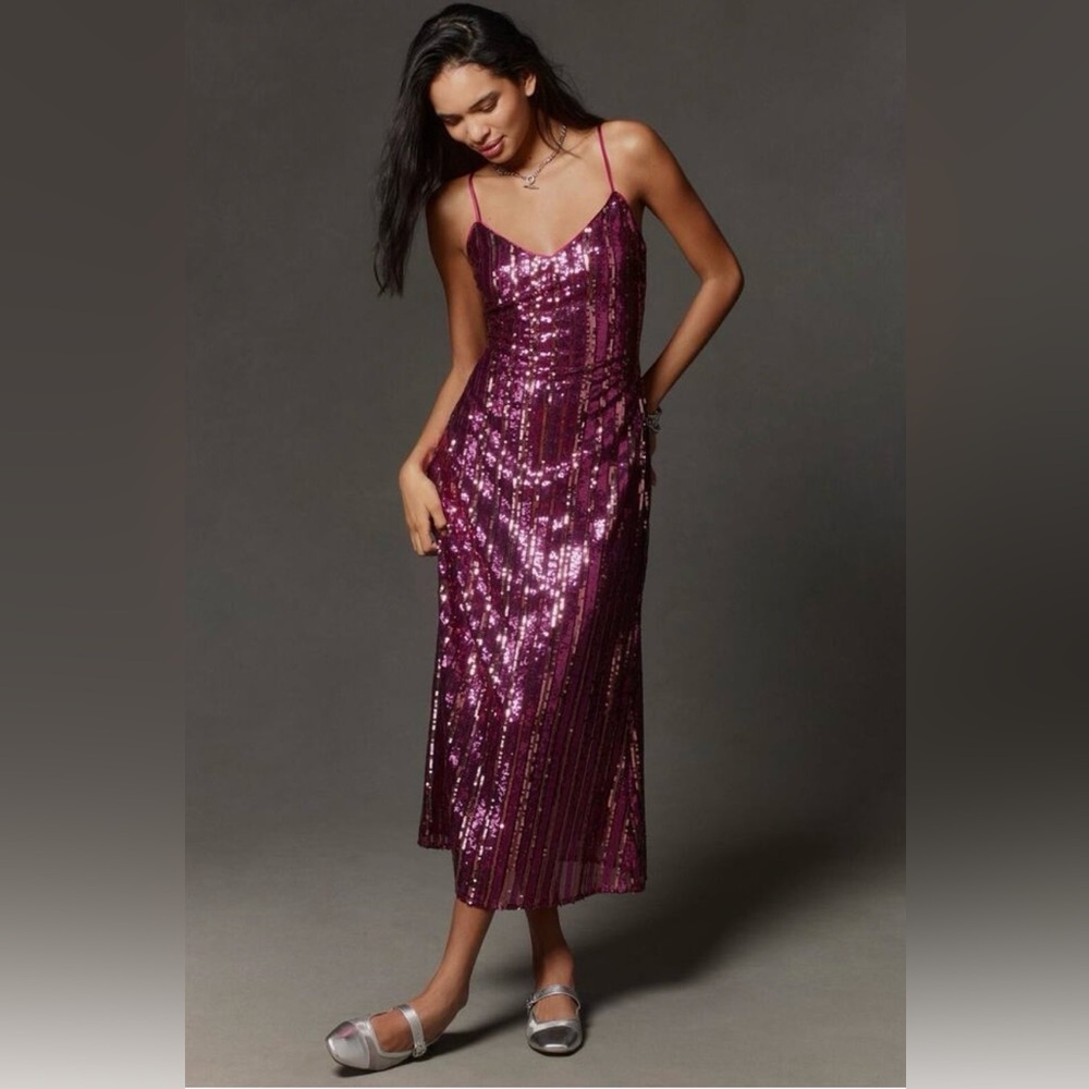 Anthropologie Sequin stripe midi dress pink color
